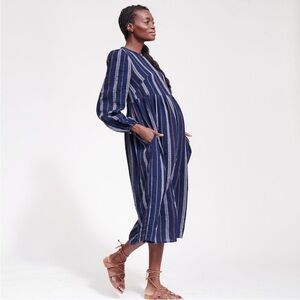 FRANCES HART / maternity Dobby Maternity Stripe Midi Dress blue long sleeve XS